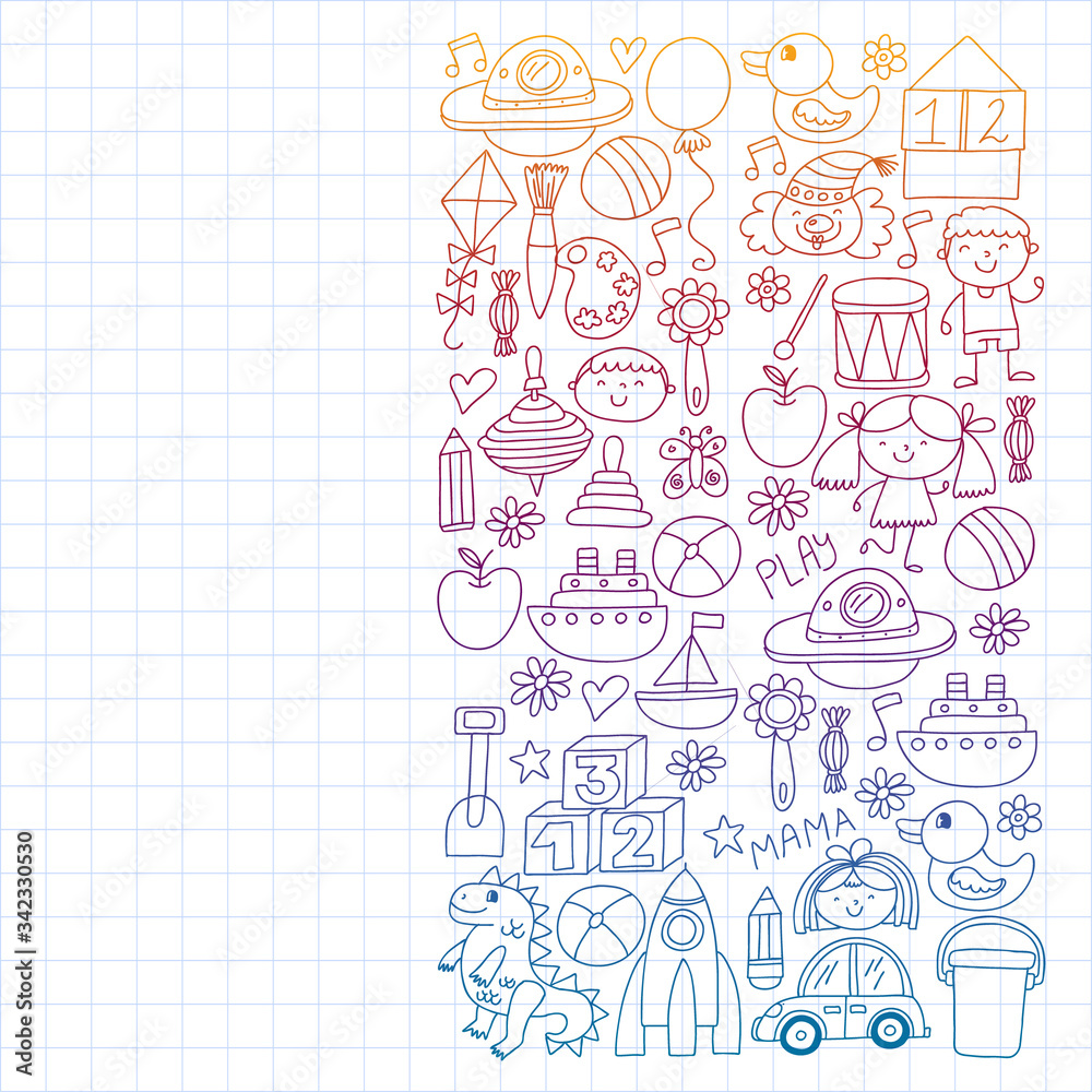 Kindergarten preschool school children. Kids drawing style vector pattern. Play grow learn together.