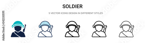 Soldier icon in filled, thin line, outline and stroke style. Vector illustration of two colored and black soldier vector icons designs can be used for mobile, ui, web