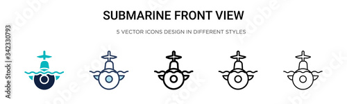 Submarine front view icon in filled, thin line, outline and stroke style. Vector illustration of two colored and black submarine front view vector icons designs can be used for mobile, ui, web