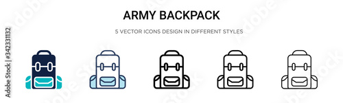 Army backpack icon in filled, thin line, outline and stroke style. Vector illustration of two colored and black army backpack vector icons designs can be used for mobile, ui, web