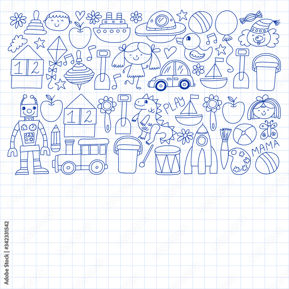 Kindergarten preschool school children. Kids drawing style vector pattern. Play grow learn together. Kindergarten preschool school children. Kids drawing style vector pattern. Play grow learn together.