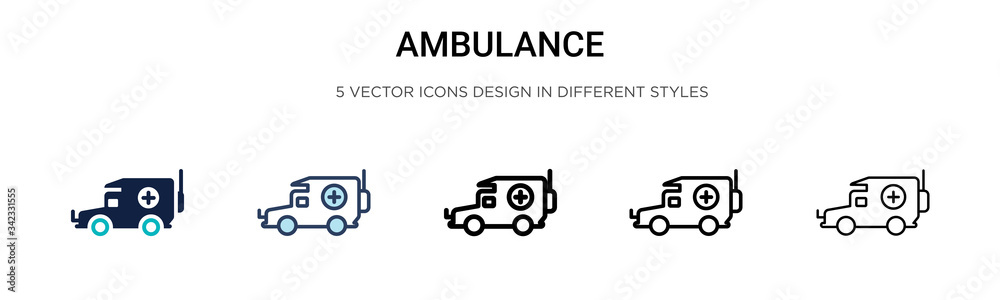 Ambulance icon in filled, thin line, outline and stroke style. Vector illustration of two colored and black ambulance vector icons designs can be used for mobile, ui, web