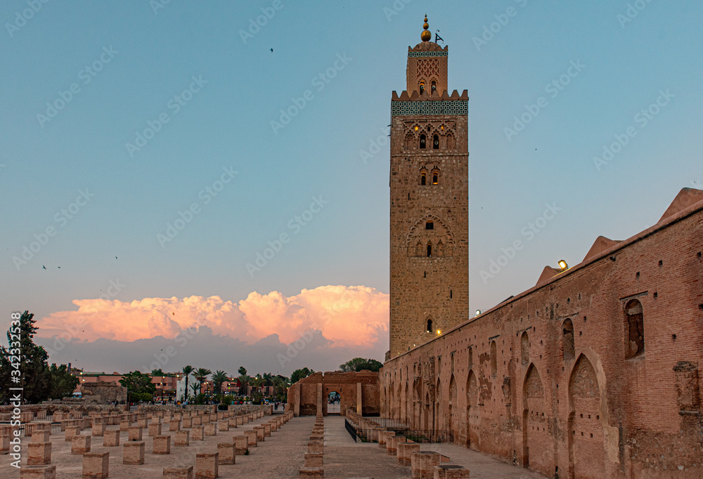 Kasbah or Koutobia Mosque, Marrakech, Morocco, copy-space