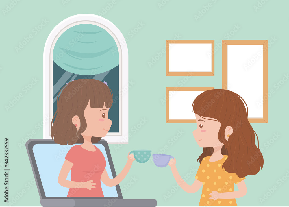 stay at home, social distancing, women connected laptop taking coffee stay at home, social distancing, women connected laptop taking coffee