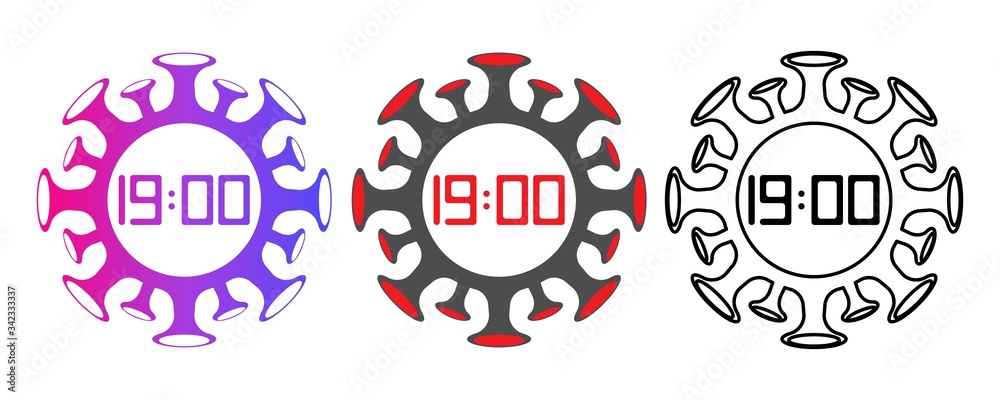 Set of clock icons in the form of a coronavirus. Electronic clock.