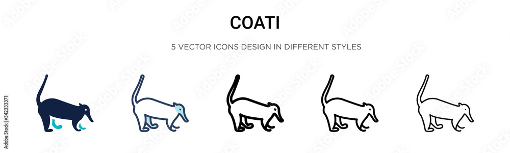 Coati icon in filled, thin line, outline and stroke style. Vector illustration of two colored and black coati vector icons designs can be used for mobile, ui, web
