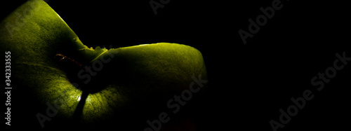 Green apple in contrast light on a black long background