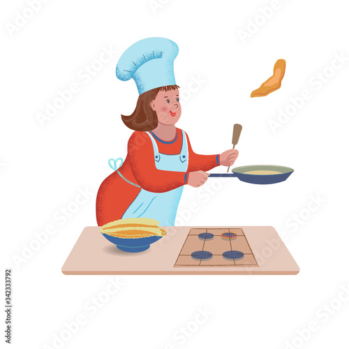 Cheerful cute  girl is cooking pancakes. Vector isolated illustration with texture in cartoon style.