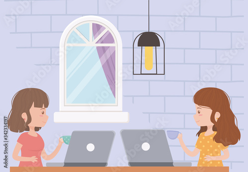 stay at home, young women working with laptop and coffee cups