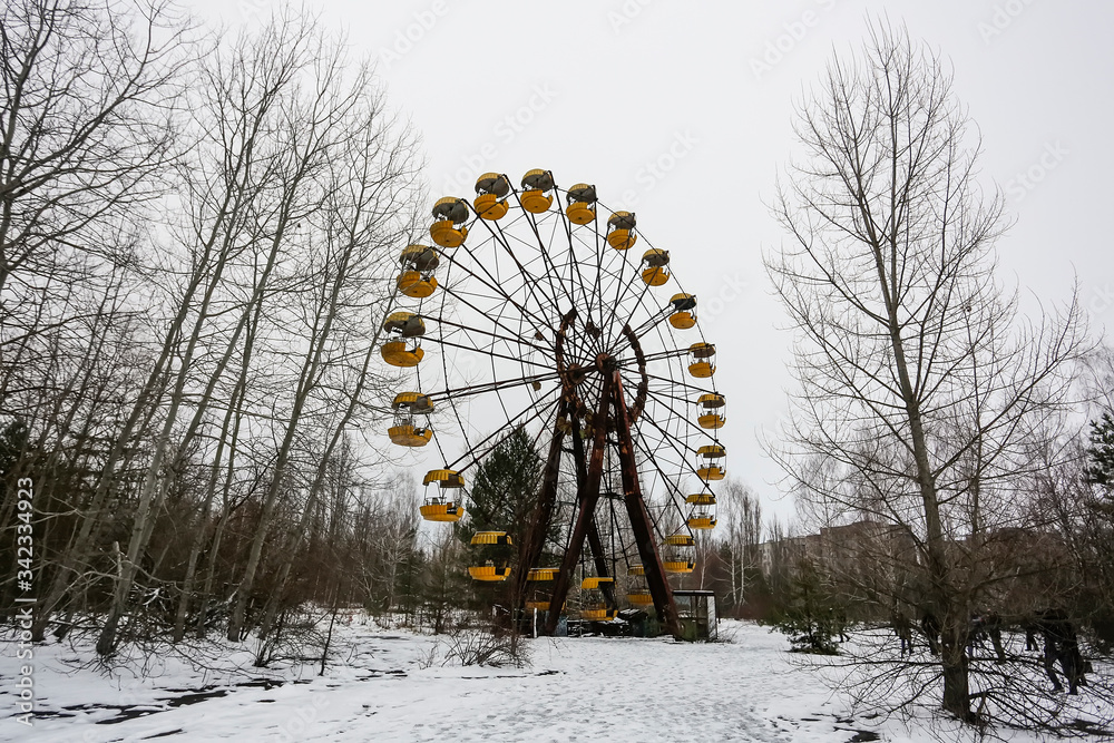 Abandoned amusement park in ghost town Prypiat. Priryat, Chornobyl exclusion zone. December 2016