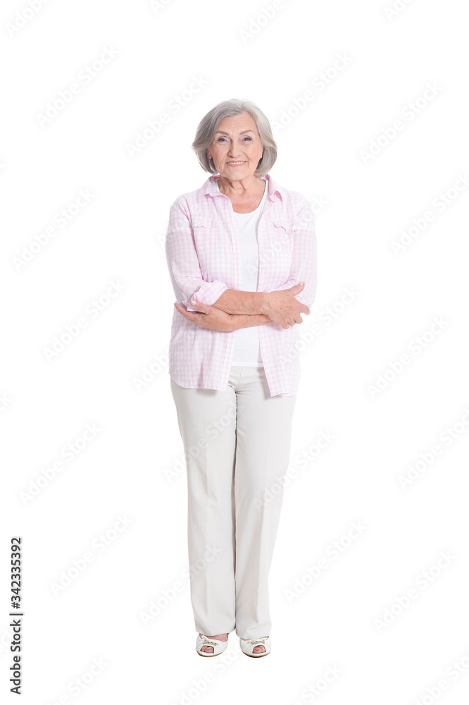 Happy senior woman posing on white background Happy senior woman posing on white background