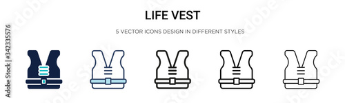 Life vest icon in filled, thin line, outline and stroke style. Vector illustration of two colored and black life vest vector icons designs can be used for mobile, ui, web