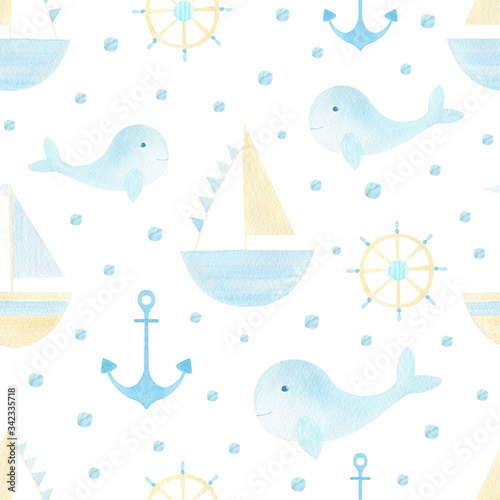 Kids, nursery watercolor seamless pattern on white background. Nautical, sea background with whale, ship, anchor. For kids textile, children covers, fabric, wallpaper. Cute blue boat. Summer season. 