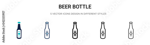 Beer bottle icon in filled, thin line, outline and stroke style. Vector illustration of two colored and black beer bottle vector icons designs can be used for mobile, ui, web
