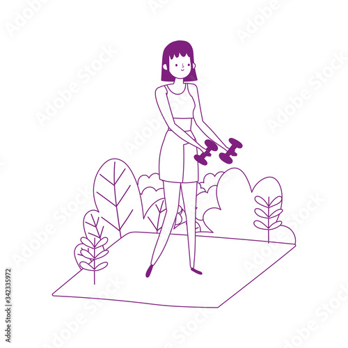 young woman training with gym dumbbells outdoor isolated icon white background
