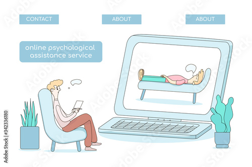 The concept of psychological counseling. Vector online illustration of a psychological assistance service. a doctor conducts a session on the Internet.for landing pages, websites, and apps