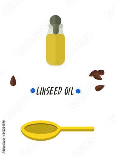 Flax Seeds Oil in a Glass Bottle with flowers.Flat style vector illustration.