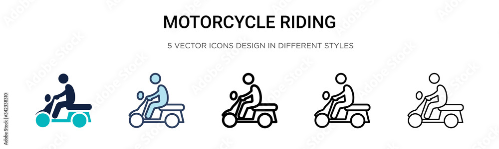 Motorcycle riding icon in filled, thin line, outline and stroke style. Vector illustration of two colored and black motorcycle riding vector icons designs can be used for mobile, ui, web