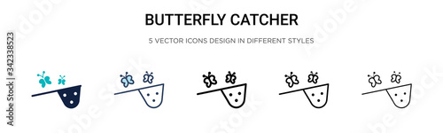 Butterfly catcher icon in filled, thin line, outline and stroke style. Vector illustration of two colored and black butterfly catcher vector icons designs can be used for mobile, ui, web