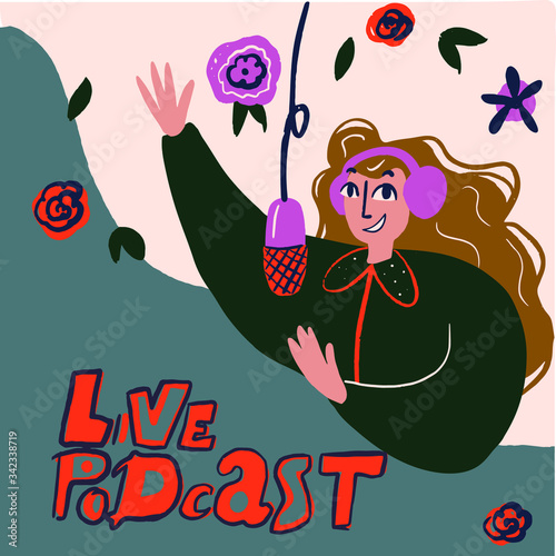 Podcaster, radio host with mic vector illustration. Podcast studio and media hosting, broadcasting doodle drawing. Female broadcaster at workplace flat character isolated on white background