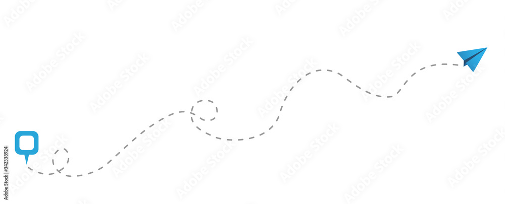 Blue paper airplanes with dotted flight path. dotted trail and fly direction. The plane flies from the airport to rest. Vector illustration.