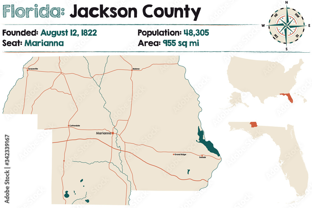 Large and detailed map of Jackson county in Florida, USA.