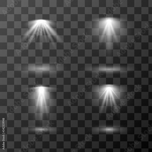 Vector set of different light sources isolated on transparent background. Design of light effects for your project. 