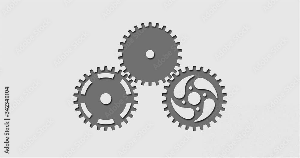 Three rotating gears cut out in light gray background Three rotating gears cut out in light gray background