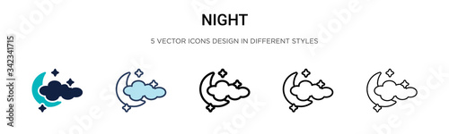 Night icon in filled, thin line, outline and stroke style. Vector illustration of two colored and black night vector icons designs can be used for mobile, ui, web