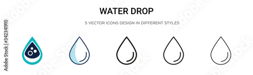 Water drop icon in filled, thin line, outline and stroke style. Vector illustration of two colored and black water drop vector icons designs can be used for mobile, ui, web