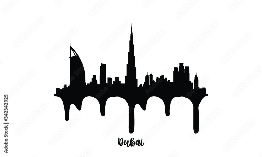 Dubai UAE black skyline silhouette vector illustration on white background with dripping ink effect.