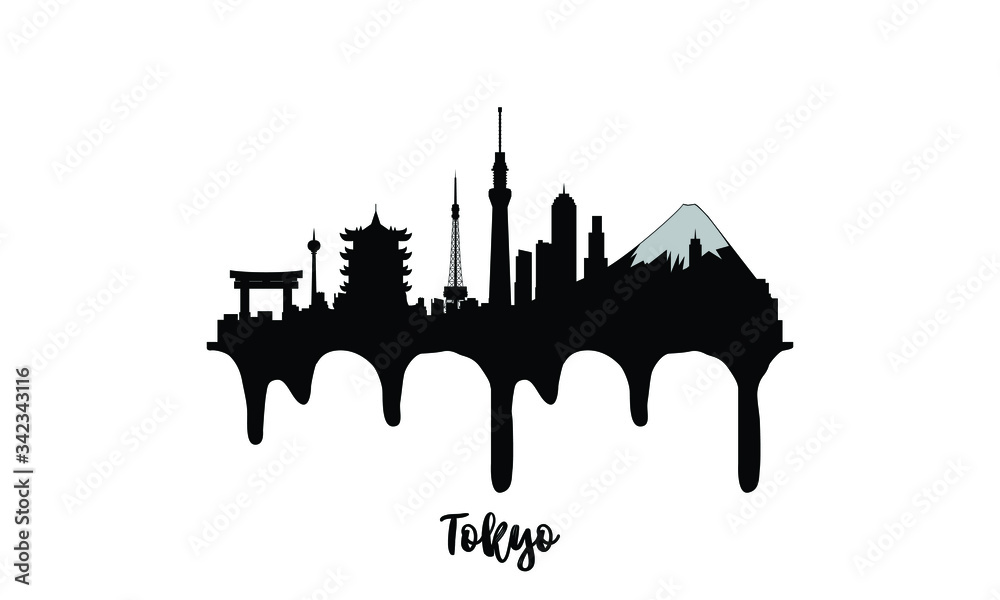 Tokyo Japan black skyline silhouette vector illustration on white background with dripping ink effect.