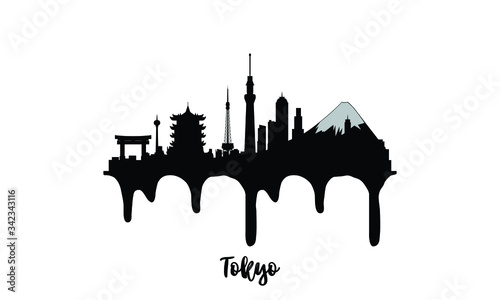 Photography Tokyo Japan black skyline silhouette vector illustration on white background with dripping ink effect
