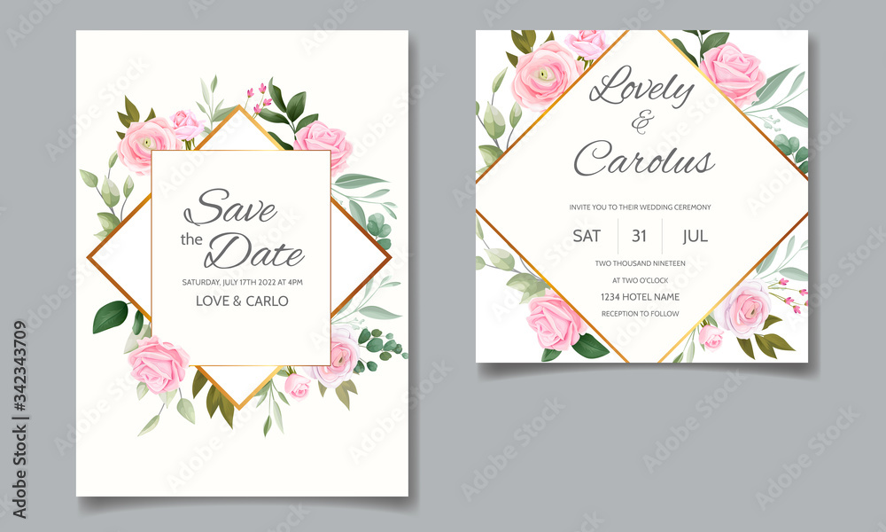 Fototapeta premium Elegant wedding invitation card template set with beautiful pink roses and green leaves
