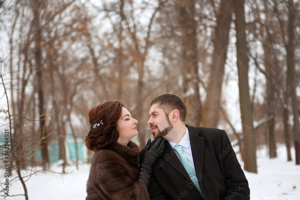 The bride and groom are sitting on a bench and are reaching out to kiss in a winter park. Winter wedding. The bride and groom are sitting on a bench and are reaching out to kiss in a winter park. Winter wedding.