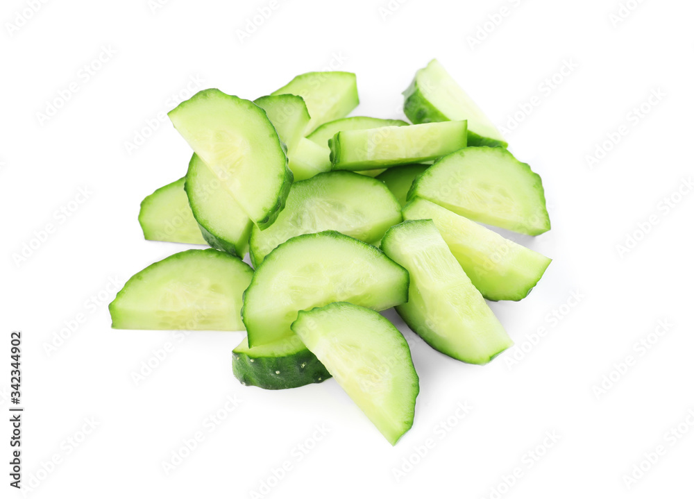 Green cut cucumber on white background