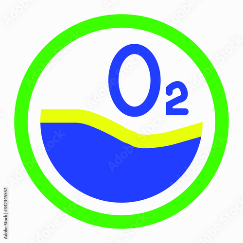 The oxygen formula is O2. Vector blue with green triangular symbol. Vector icon.