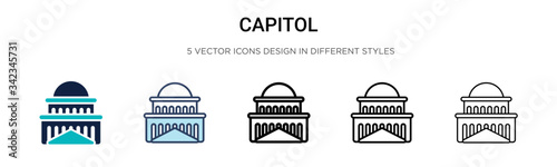 Capitol icon in filled, thin line, outline and stroke style. Vector illustration of two colored and black capitol vector icons designs can be used for mobile, ui, web