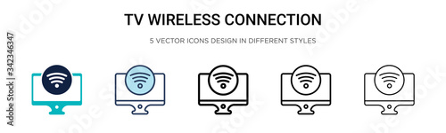 Tv wireless connection icon in filled, thin line, outline and stroke style. Vector illustration of two colored and black tv wireless connection vector icons designs can be used for mobile, ui, web