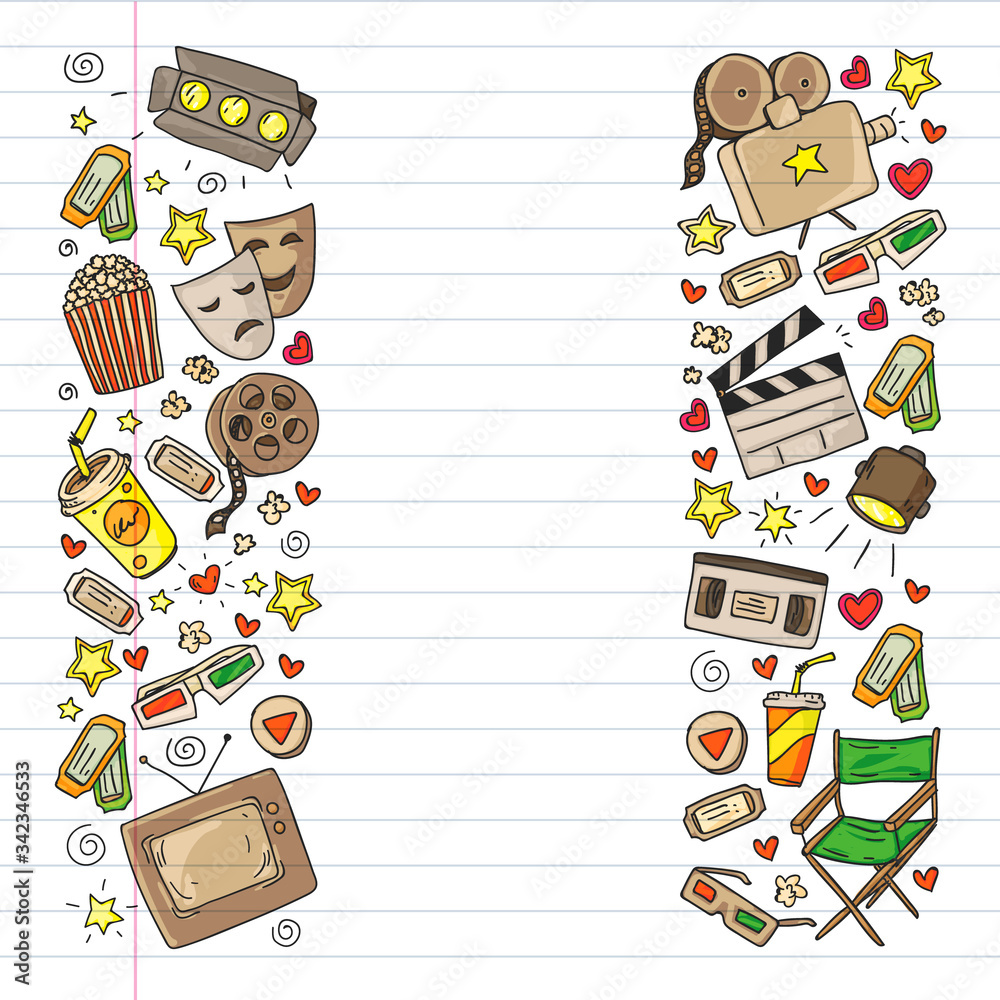 Online internet cinema pattern with vector icons for wrapping paper, posters, banners, leaflets. 3d movie, tv, musical. Online internet cinema pattern with vector icons for wrapping paper, posters, banners, leaflets. 3d movie, tv, musical.