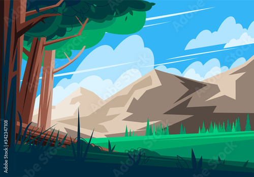 Vector illustration of a summer landscape with trees in the foreground and a mountain range in the background