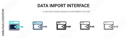 Data import interface icon in filled, thin line, outline and stroke style. Vector illustration of two colored and black data import interface vector icons designs can be used for mobile, ui, web