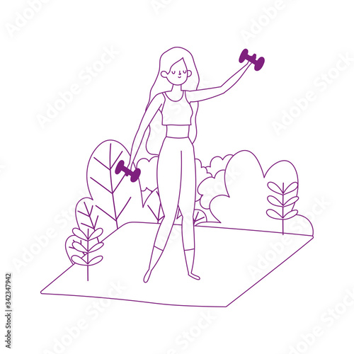 young woman training with gym dumbbells outdoor isolated icon white background