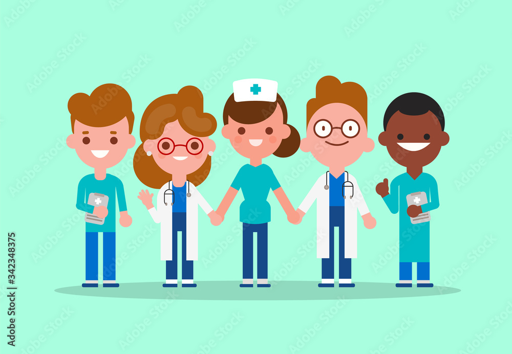 Team of doctors, nurse and medical workers holding hands together. Fighting Covid-19 Virus concept. Vector cartoon character illustration. Team of doctors, nurse and medical workers holding hands together. Fighting Covid-19 Virus concept. Vector cartoon character illustration.