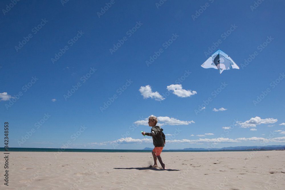 Happy boy running on the beach in summer with a kite. Beautiful sea and sand