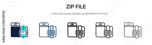 Zip file icon in filled, thin line, outline and stroke style. Vector illustration of two colored and black zip file vector icons designs can be used for mobile, ui, web