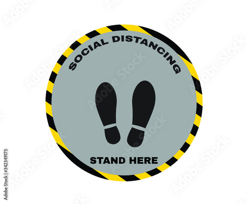 Virus Protection signs, Caution message SOCIAL DISTANCING - STAND HERE with Pedestrian Footprint Stencil sign in yellow and black frame, Stop COVID-19 or Cororavirus pandemic, vector illustration.