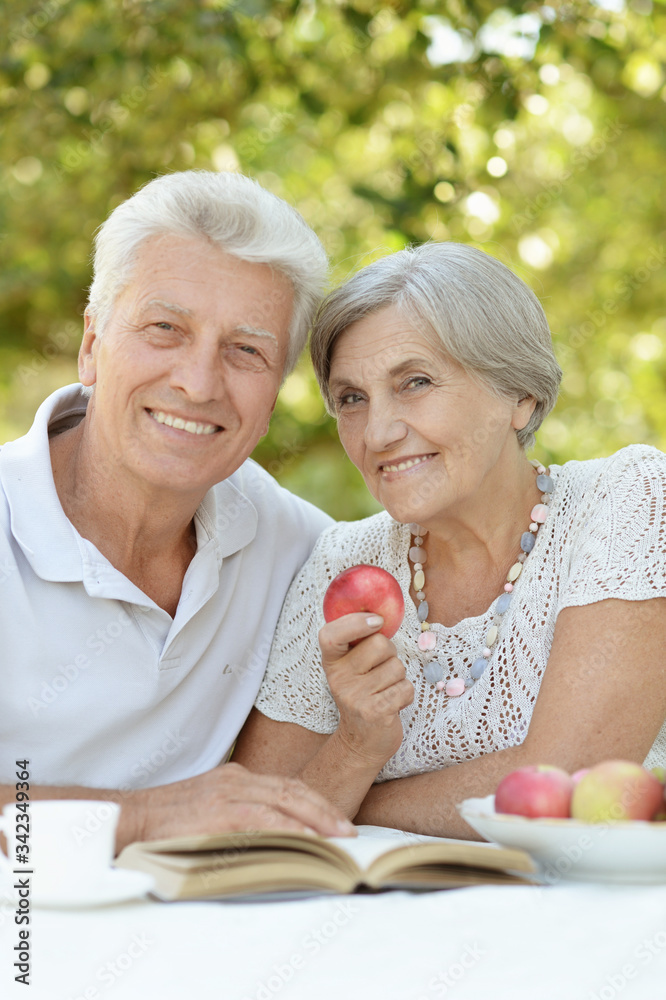 Beautiful old couple reading book at table in summer Beautiful old couple reading book at table in summer
