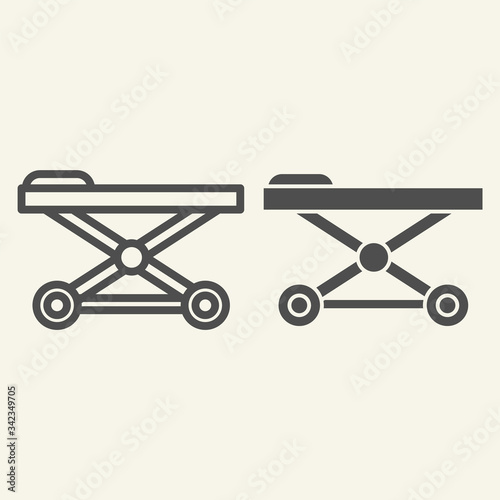 Stretcher line and solid icon. Disabled patient transfer bed outline style pictogram on white background. Hospital Bed for mobile concept and web design. Vector graphics.
