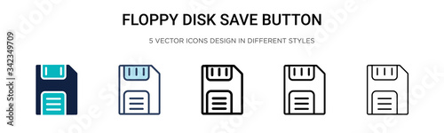 Floppy disk save button icon in filled, thin line, outline and stroke style. Vector illustration of two colored and black floppy disk save button vector icons designs can be used for mobile, ui, web